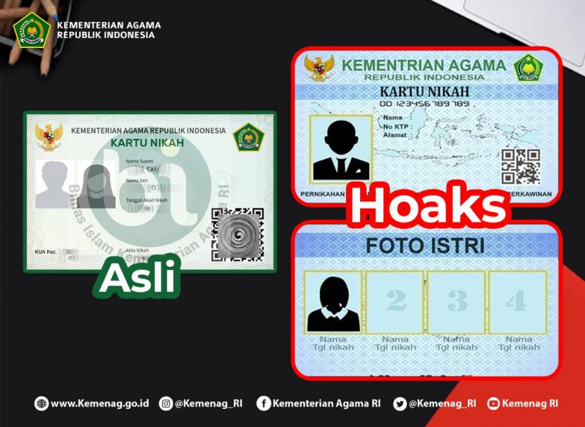 Gambar perbandingan kartu nikah asli yang diterbitkan Kementerian Agama dan kartu nikah hoaks yang berlogo Kementerian Agama. 