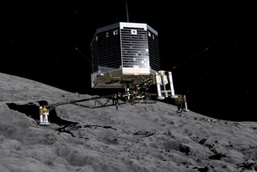 Gambar robot Philae memisahkan diri dari laboratorium induk Rosetta turun ke permukaan komet 67P/Churyumov-Gerasimenko, 2014.