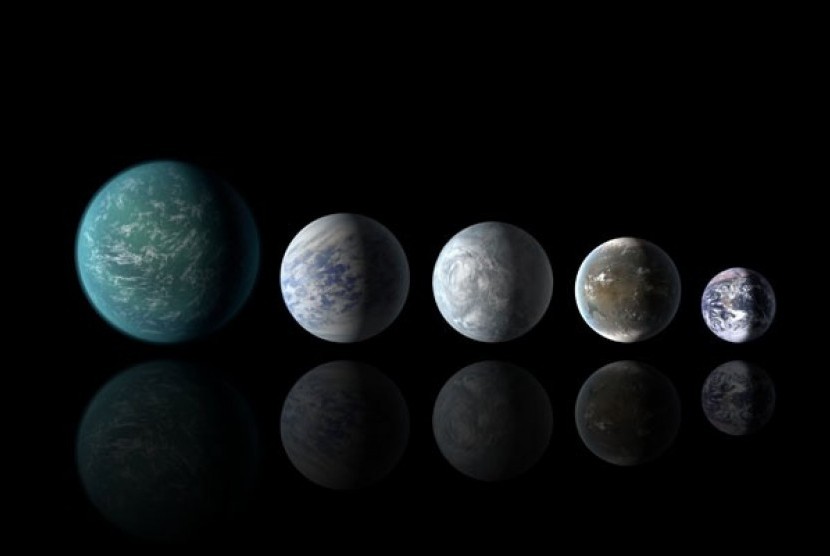 Teori Ilmuwan Falak Muslim Hingga Kini Masih Digunakan. Gambaran perbandingan ukuran relatif semua planet layak huni dengan Bumi. (kiri-kanan) Kepler-22b, Kepler-69c, Kepler-62e, Kepler-62f dan Bumi (Ilustrasi)