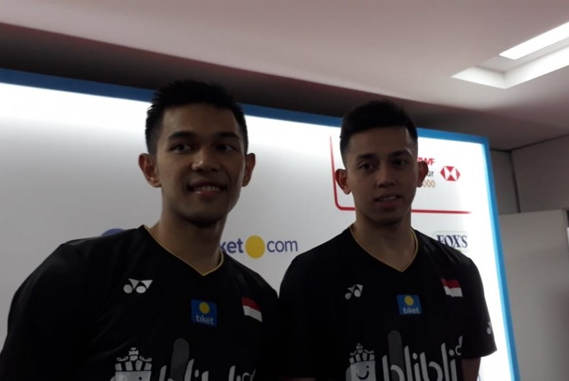 Ganda Putra Indonesia, Fajar Alfian/Muhammad Rian Ardianto, Usai Lolos ke Perempat Final Blibli Indonesia Open 2019, di Istora Senayan, Jakarta, Kamis (18/7).