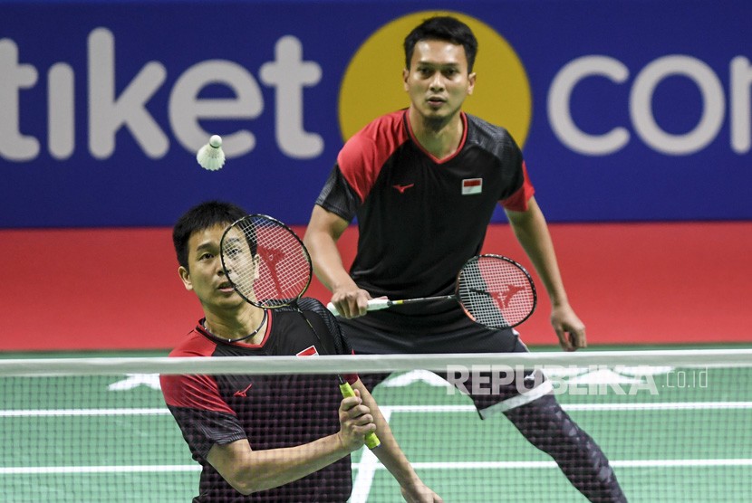 Ganda putra Indonesia Hendra Setiawan (kiri) dan Mohammad Ahsan.