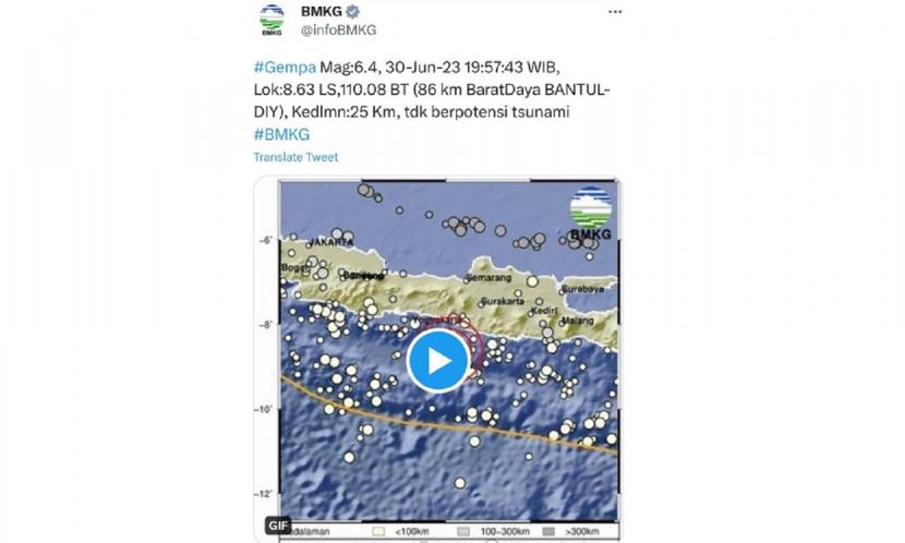 Gempa berkekuatan 6,4 magnitudo mengguncang Yogyakarta pada Jumat (30/6/2023). Berdasarkan keterangan BMKG, gempa terjadi pada pukul 19:57:43 WIB.