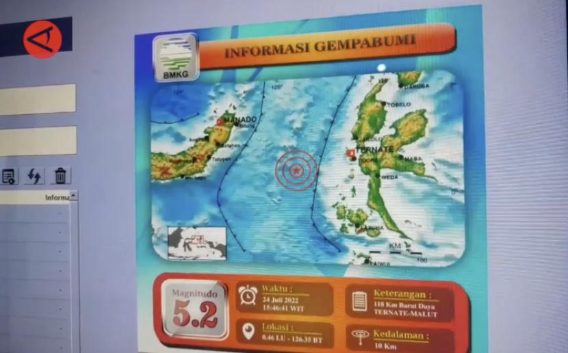 Gempa bumi tektonik berkekuatan magnitudo 5,2 mengguncang Kota Ternate, Maluku Utara, pada Ahad sore (24/07).