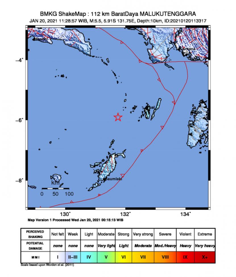 Gempa dengan kekuatan magnitudo 5,5 mengguncang Maluku Tenggara, Maluku, pada Rabu (20/1) siang pukul 11:28 WIB. 