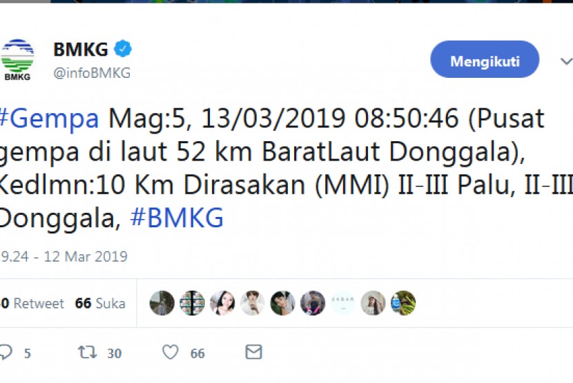 Gempa di selat makassar atau 50 km arah utara kota donggala