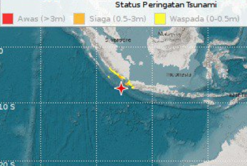 Gempa terjadi di 147 km Barat Daya Sumur-Banten. BMKG mengumumkan gempa tersebut berpotensi tsunami.