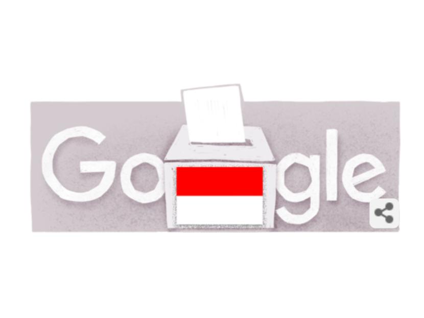 Google Doodle Hari ini bertema pemilu dengan gambar kotak suara yang dilengkapi bendera merah putih.