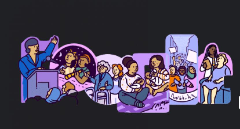 Google Doodle hari ini didominasi warna ungu untuk memperingati Hari Perempuan Internasional.