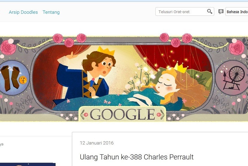 Google Doodle pada 12 Januari bertepatan dengan hari lahir penulis Cinderella, Charles Perrault.