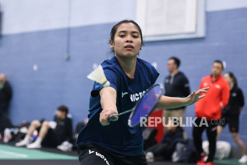 Gregoria Mariska Tunjung berlatih di practice court Utilita Arena, Birmingham, Inggris pada Ahad (9/3/2025) sore waktu setempat menjelang berlaga di All England 2025.