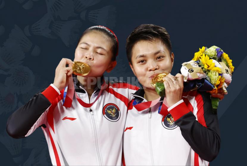 Greysia Polii (kiri) dan Apriyani Rahayu, peraih emas bulu tangkis ganda putri Indonesia di Olimpiade Tokyo 2020.