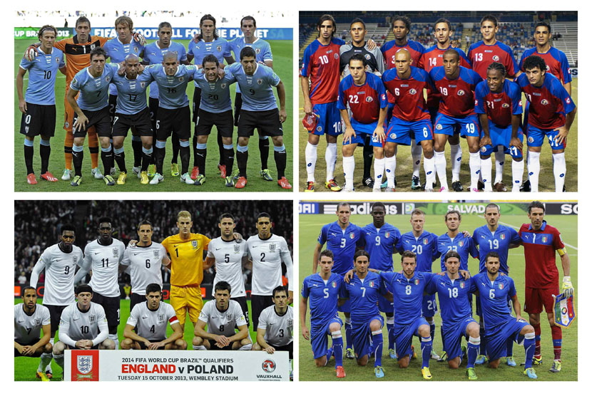 Grup D Piala Dunia 2014 yang terdiri atas Uruguay (kiri atas), Kosta Rika (kanan atas), Inggris (kiri bawah) dan Italia (kanan bawah).