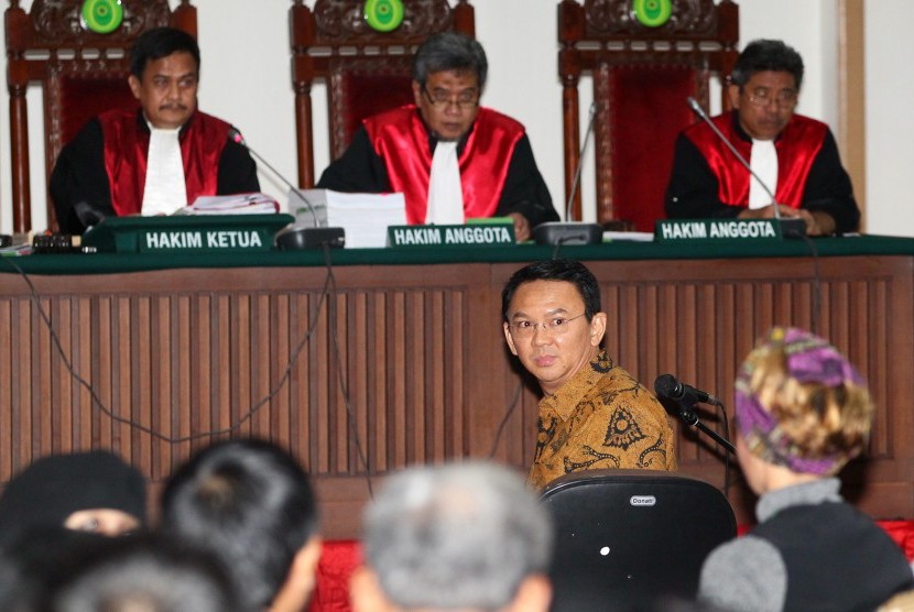 Basuki Tjahaja Purnama (Ahok) seated on the trial in the case of religious blasphemy at the Auditorium of Ministry of Agriculture, Jakarta, on Tuesday (Jan 3). 
