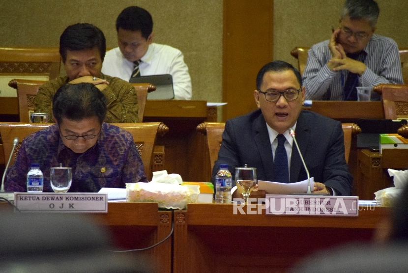 Gubernur Bank Indonesia Agus Martowardojo bersama Ketua Dewan Komisioner OJK Muliaman D Hadad saat mengikuti Rapat Dengar Pendapat (RDP) dengan Komisi XI DPR di Kompleks Parlemen, Senayan, Jakarta, Senin (25/4). (Republika/Rakhmawaty La'lang)