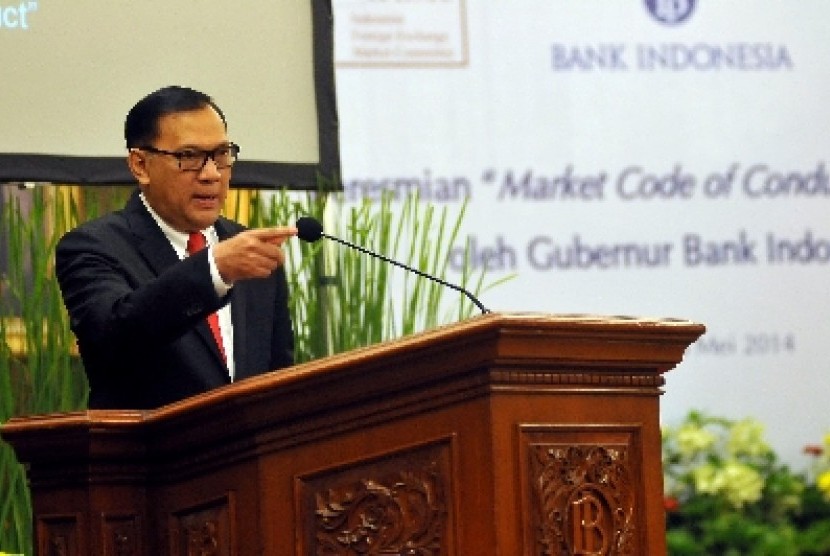 Gubernur Bank Indonesia Agus Martowardojo memberikan sambutan pada acara peresmian peluncuran Market Code of Conduct di Jakarta, Senin (26/5).