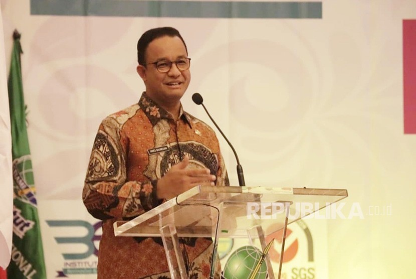 Gubernur DKI Jakarta Anies Baswedan memberikan orasi pada wisuda Institut STIAMI di Gedung Balai Samudera, Jakarta Utara.