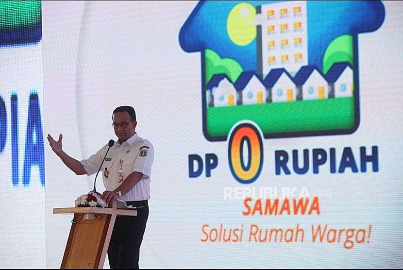 Gubernur DKI Jakarta Anies Baswedan memberikan sambutan saat peluncuran Program DP nol Rupiah 