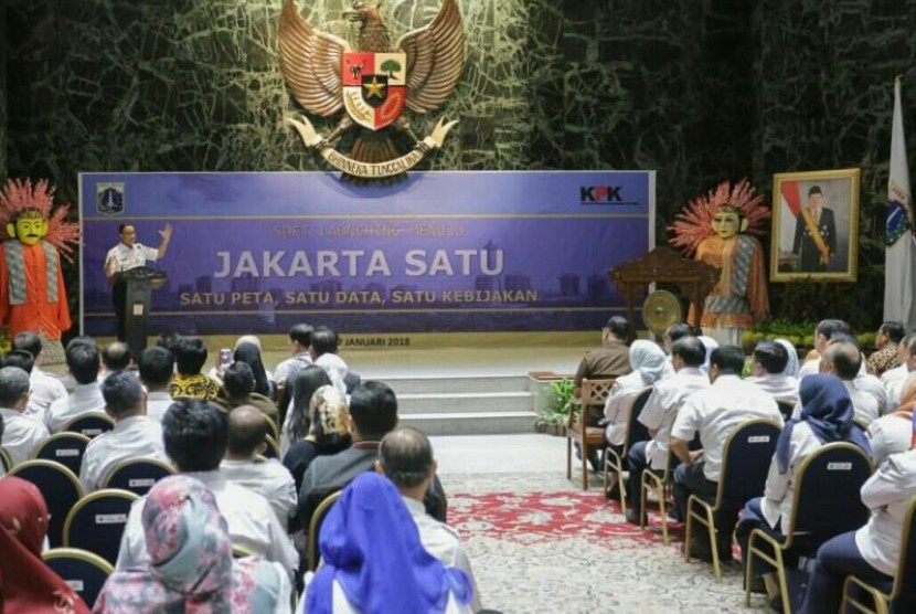 Gubernur DKI Jakarta Anies Baswedan saat peluncuran program Jakarta Satu di Balai Kota DKI Jakarta