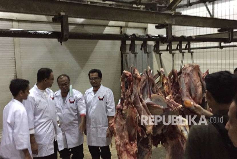 Gubernur DKI Jakarta Anies Rasyid Baswedan saat meninjau proses pemotongan hewan kurban di Rumah Pemotongan Hewan (RPH) PD Dharma Jaya di Cakung, Jakarta Timur, Rabu (22/8).