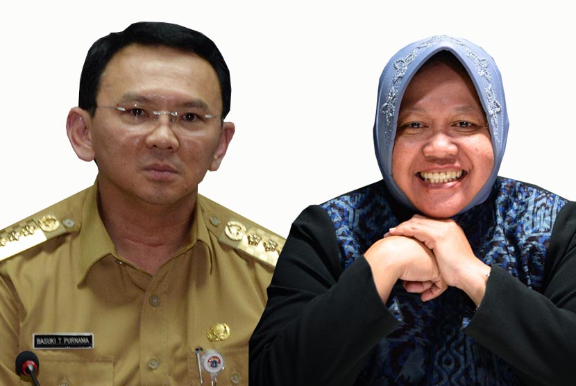 Gubernur DKI Jakarta, Basuki Tjahaja Purnama alias Ahok dan Wali Kota Surabaya, Tri Rismaharini (kanan).