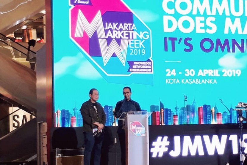 Gubernur Jakarta, Anies Baswedan membuka Jakarta Marketing Week 2019 di Kota Kasablanka, Jakarta Selatan, Rabu (24/4).
