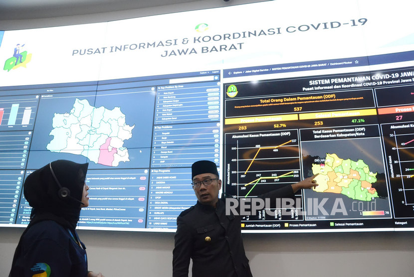 Gubernur Jawa Barat Ridwan Kamil diwawancara wartawan usai meresmikan Command Center, di Gedung Sate, Kota Bandung. Tempat tersebut salah satunya dimanfaatkan sebagai Pusat Informasi dan Koordinasi Covid-19 Jawa Barat (Pikobar).