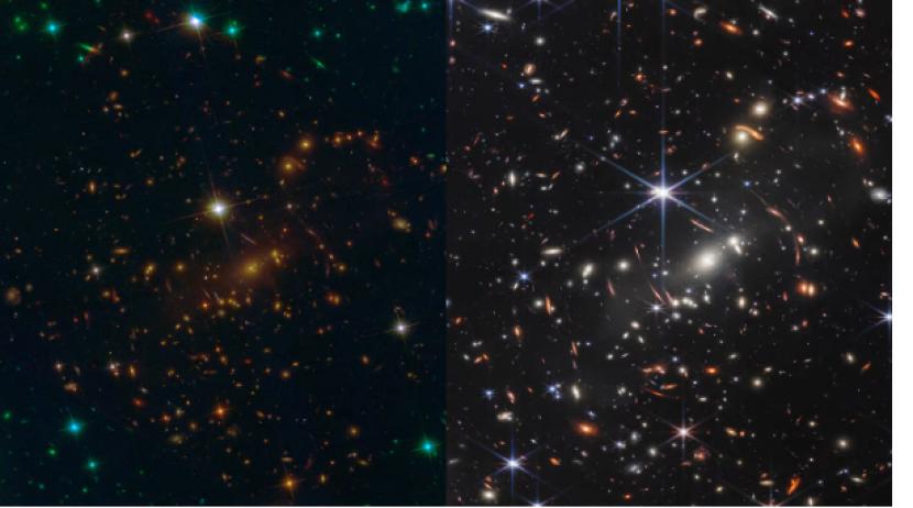 Gugusan galaksi SMACS 0723. Gambar kiri diambil dengan teleskop Hubble, semesntara gambar kanan dengan telekop James Webb. Naskah Khutbah Jumat: Ketidaktahuan Manusia