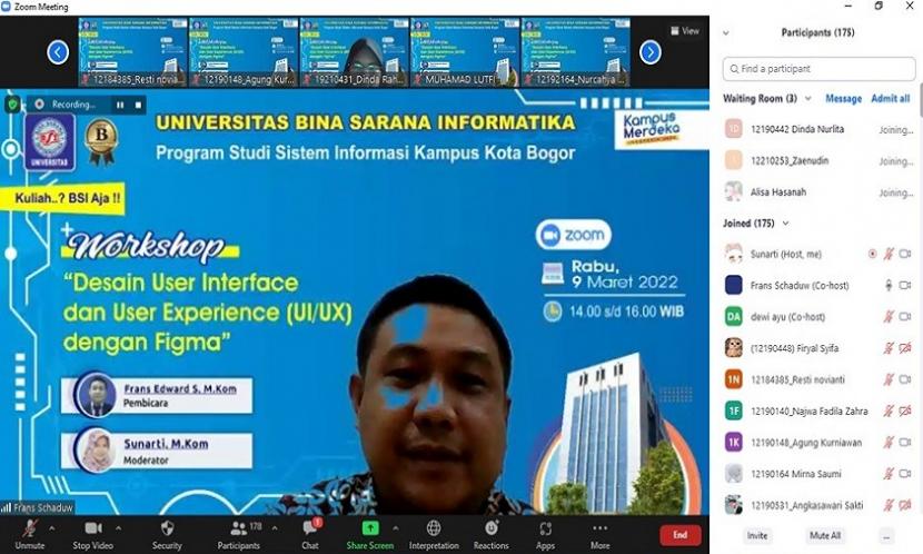 Guna memfasilitasi mahasiswa dalam mendesain user interface dan user experience (UI/UX), Universitas BSI (Bina Sarana Informatika) kampus Bogor kembali mengadakan webinar. Mengusung tema ‘Desain UI/UX dengan Figma’, acara ini digelar secara daring lewat zoom, pada Rabu (9/3/2022) silam. 