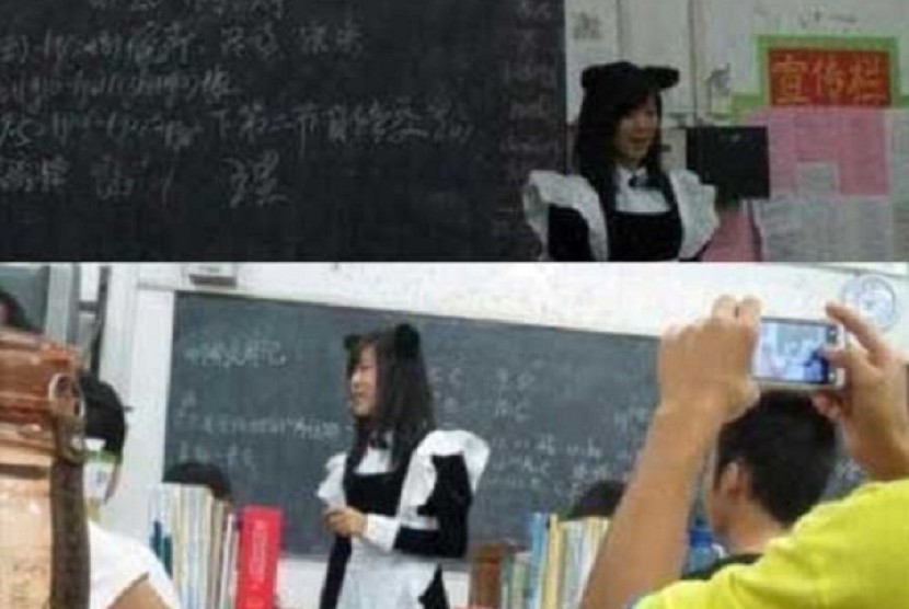 Guru di Cina yang mengenakan pakaian ala pelayan Prancis