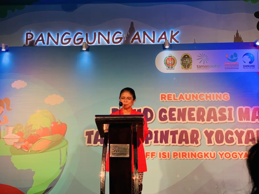 Gusti Kanjeng Bendara Raden Ayu Adipati Paku Alam X saat menjelaskan peran Pokja Ibu PAUD dalam menanggulangi stunting di PAUD Generasi Maju, Taman Pintar, Yogyakarta, Jumat (1/7/2022).