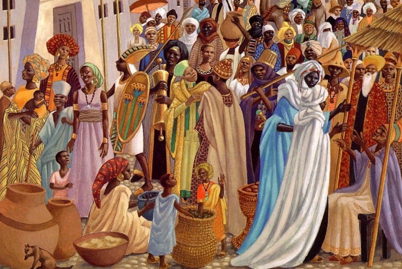 Haji Mansa Musa dan rakyatnya (ilustrasi). Bukan Kaleng-Kaleng, Perjalanan Haji Raja Mali Mansa Musa: Bagikan Ribuan Emas Batangan