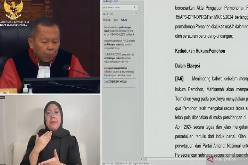 Hakim konstitusi Arsul Sani membacakan gugatan caleg pejawat PAN, Sungkono di gedung MK, Jakarta Pusat, Rabu (22/5/2024).