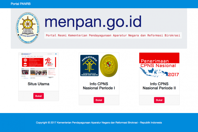 Halaman muka laman Kementerian Pemberdayagunaan Aparatur Negara dan Reformasi Birokrasi yang menampilkan informasi tentang seleksi CPNS tahap I dan pembukaan seleksi CPNS tahap II.