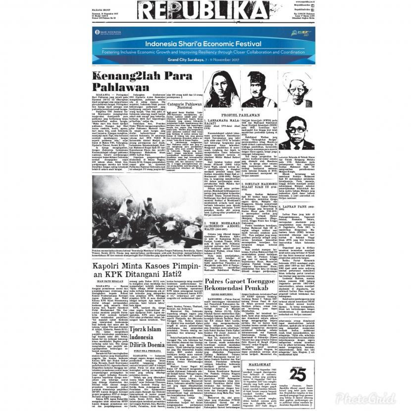 Halaman muka Republika edisi Hari Pahlawan.