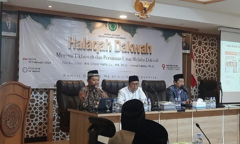 Halaqah Dakwah bertajuk: “”Merajut Ukhuwah dan Persatuan Umat Melalui Dakwah” di Aula Buya Hamka, Kantor MUI Jakarta Pusat, Senin (19/2/2024).