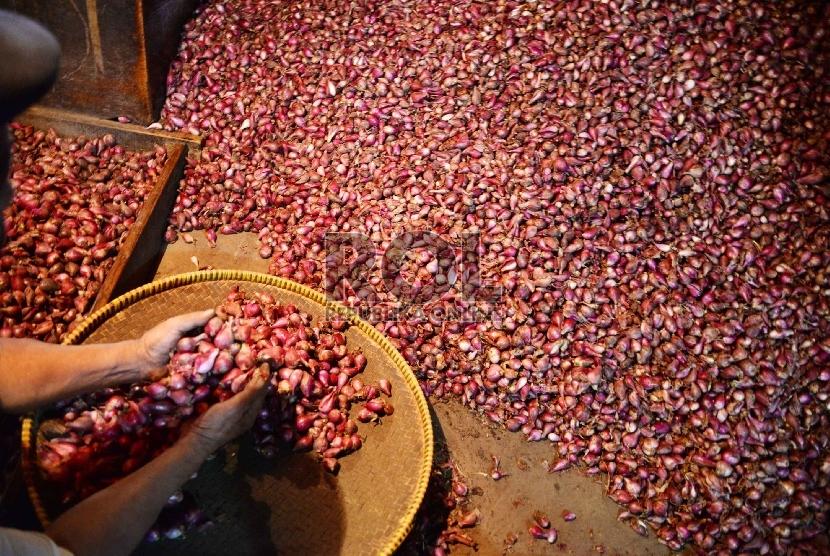 Pedagang memilah bawang merah di Pasar Senen, Jakarta.