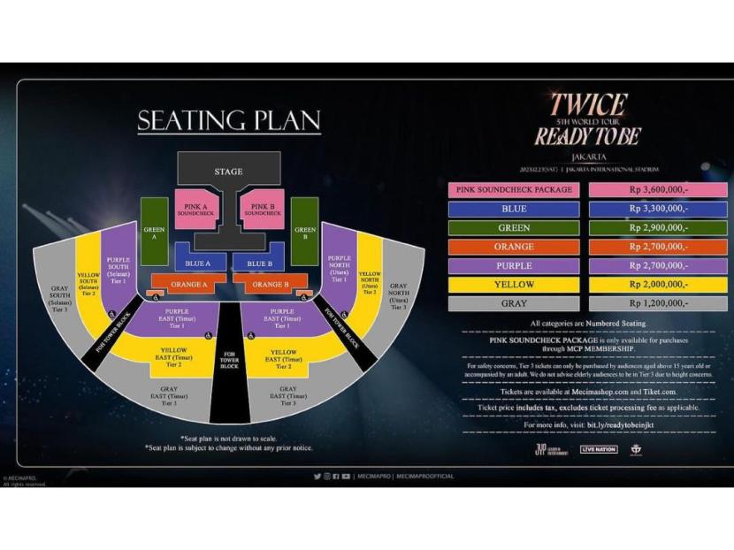 Harga tiket dan seating plan konser Twice Ready To Be di Jakarta pada 23 Desember 2023.