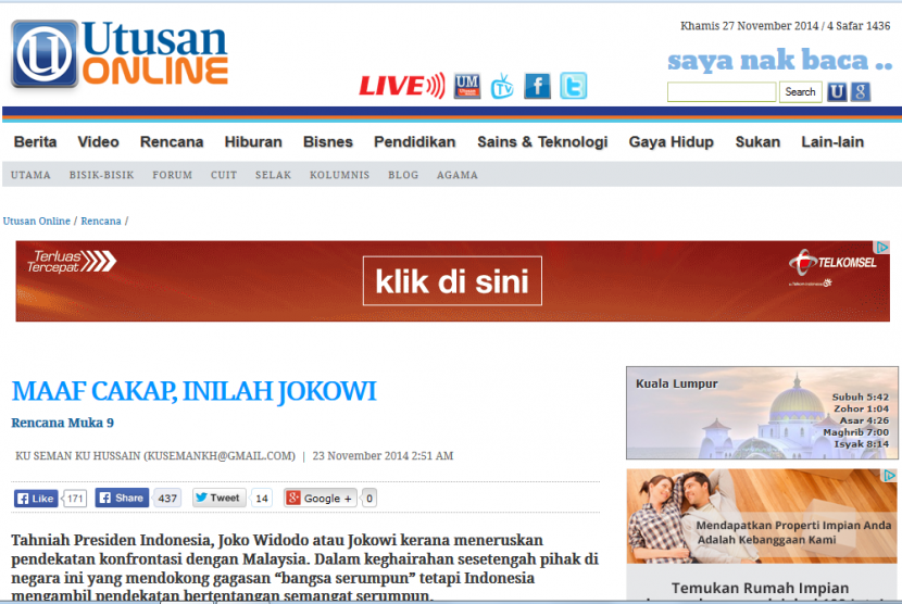 Harian Utusan Malaysia yang memberitakan tentang Jokowi.