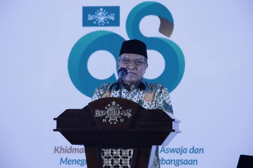 Ketua Umum PBNU, Prof KH Said Aqil Siroj saat meluncurkan NU Online Super App di sela-sela Harlah ke-98 NU, Sabtu (27/2)