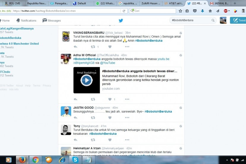 Hashtag Bobotoh Berduka jadi trending topic di Twitter, Senin (24/10).