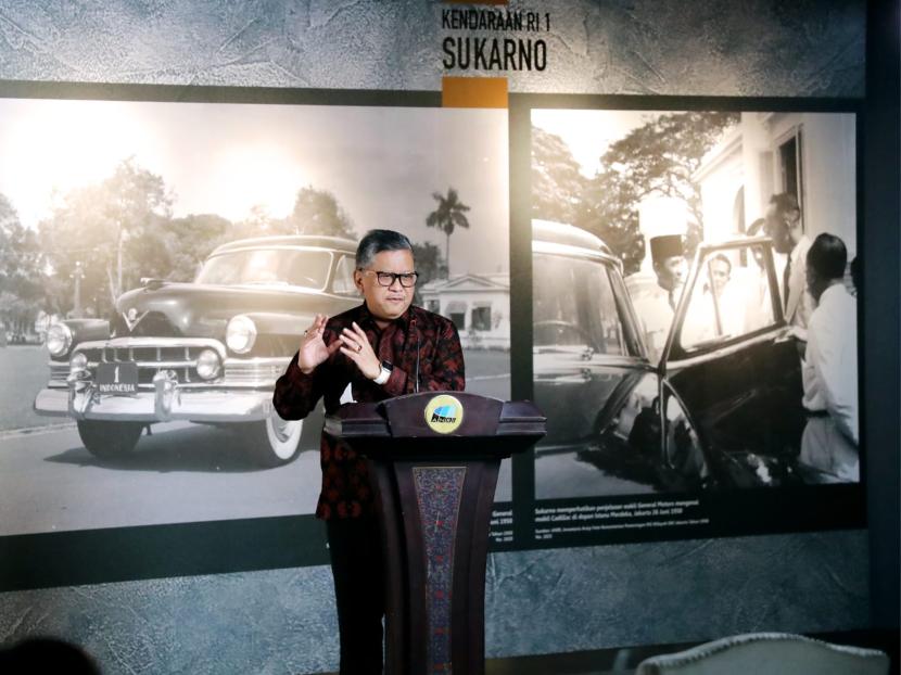 Hasto Kristiyanto saat menjadi pembicara kunci dalam acara Peringatan Ke-63 Tahun Pidato Presiden Pertama  Soekarno di PBB yang diselenggarakan di Jakarta, Sabtu (30/9/2023).