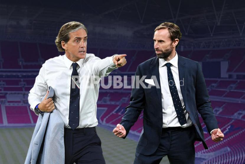 Pelatih timnas Inggris Gareth Southgate vs pelatih Italia Roberto Mancini (kiri).
