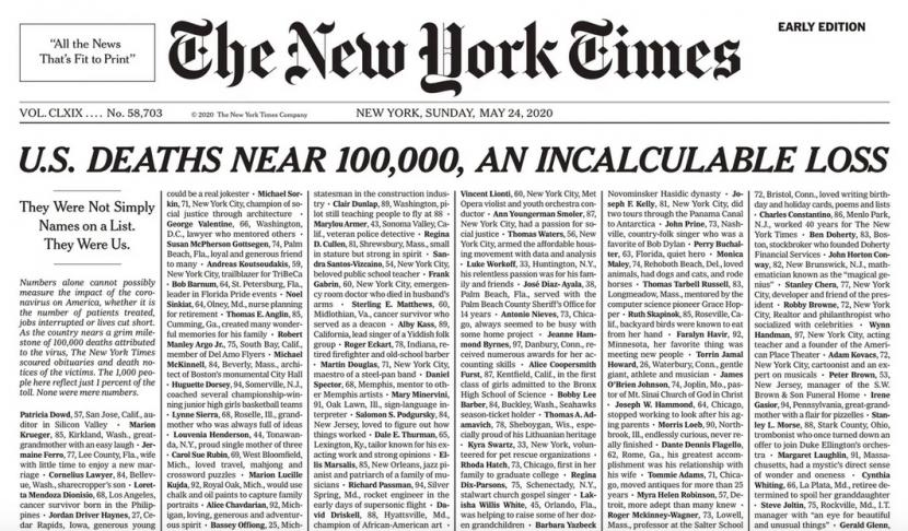 The New York Times mendedikasikan dua halaman pertamanya untuk para korban Covid-19.