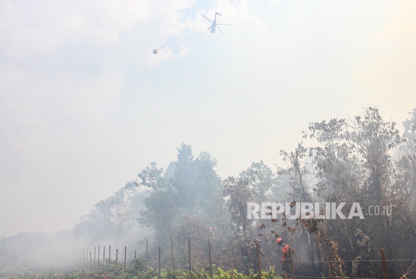 Helikopter Badan Nasional Penanggulangan Bencana (BNPB) melakukan water bombing di atas lahan gambut yang terbakar di Kabupaten Kampar, Riau, Rabu (9/10/2019). 