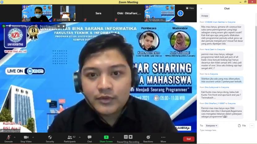 Himpunan Mahasiswa Sistem Informasi Akuntansi (HIMASA) Universitas BSI (Bina Sarana Informatika) kampus Solo menggelar webinar yang bertajuk “Pengalaman Menjadi Seorang Programmer” secara daring melalui aplikasi Zoom, Sabtu (10/4).