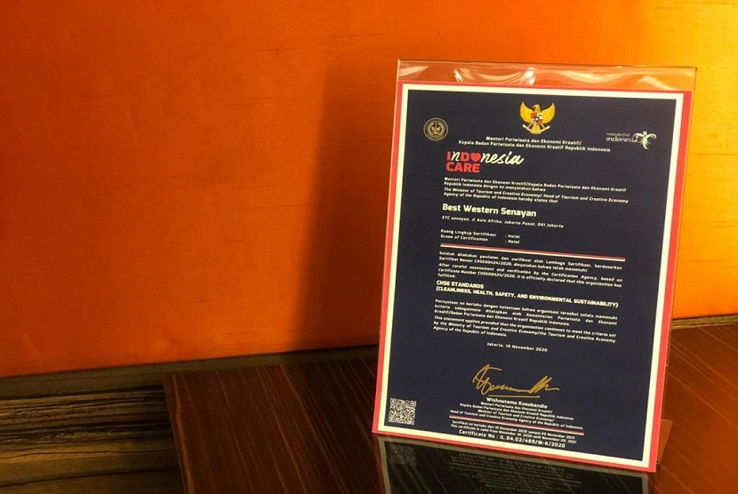 Hotel Best Western Senayan yang berlokasi di pusat kota Jakarta telah meraih sertifikat CHSE (Clean, Health, Safety and Environment) dari Kementrian Pariwisata dan Ekonomi Kreatif bersama dengan SUCOFINDO