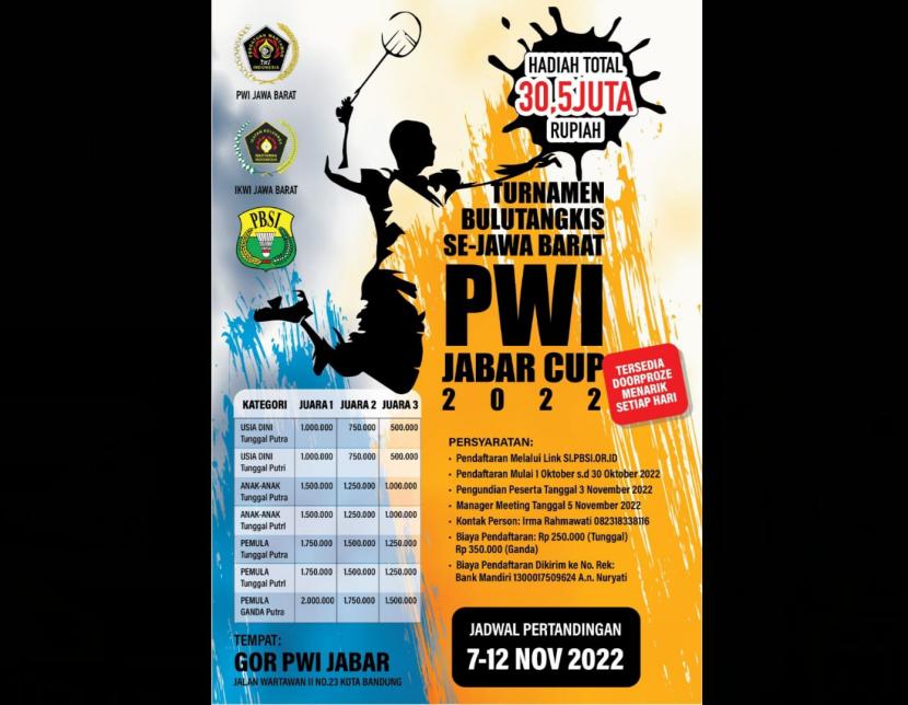 Ikatan Keluarga Wartawan Indonesia (IKWI) Provinsi Jabar dan Persatuam Bulutangkis Seluruh Indonesia (PBSI) Jabar menggelar Turnamen Bulutangkis PWI Jabar Cup.