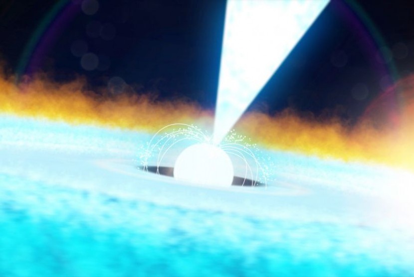Ilustrasi garis cyclotron dari bintang neutron yang diamati dari Bumi.