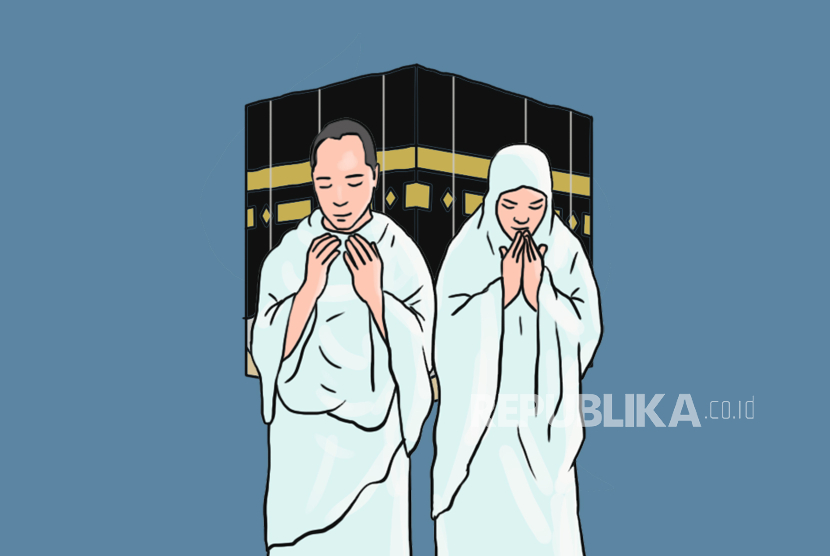 Ilustrasi jamaah haji berdoa di Kabah.
