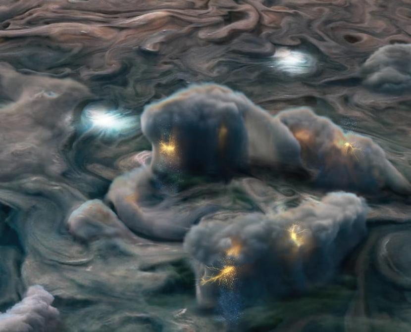 Ilustrasi menggambarkan badai listrik di ketinggian di Jupiter.